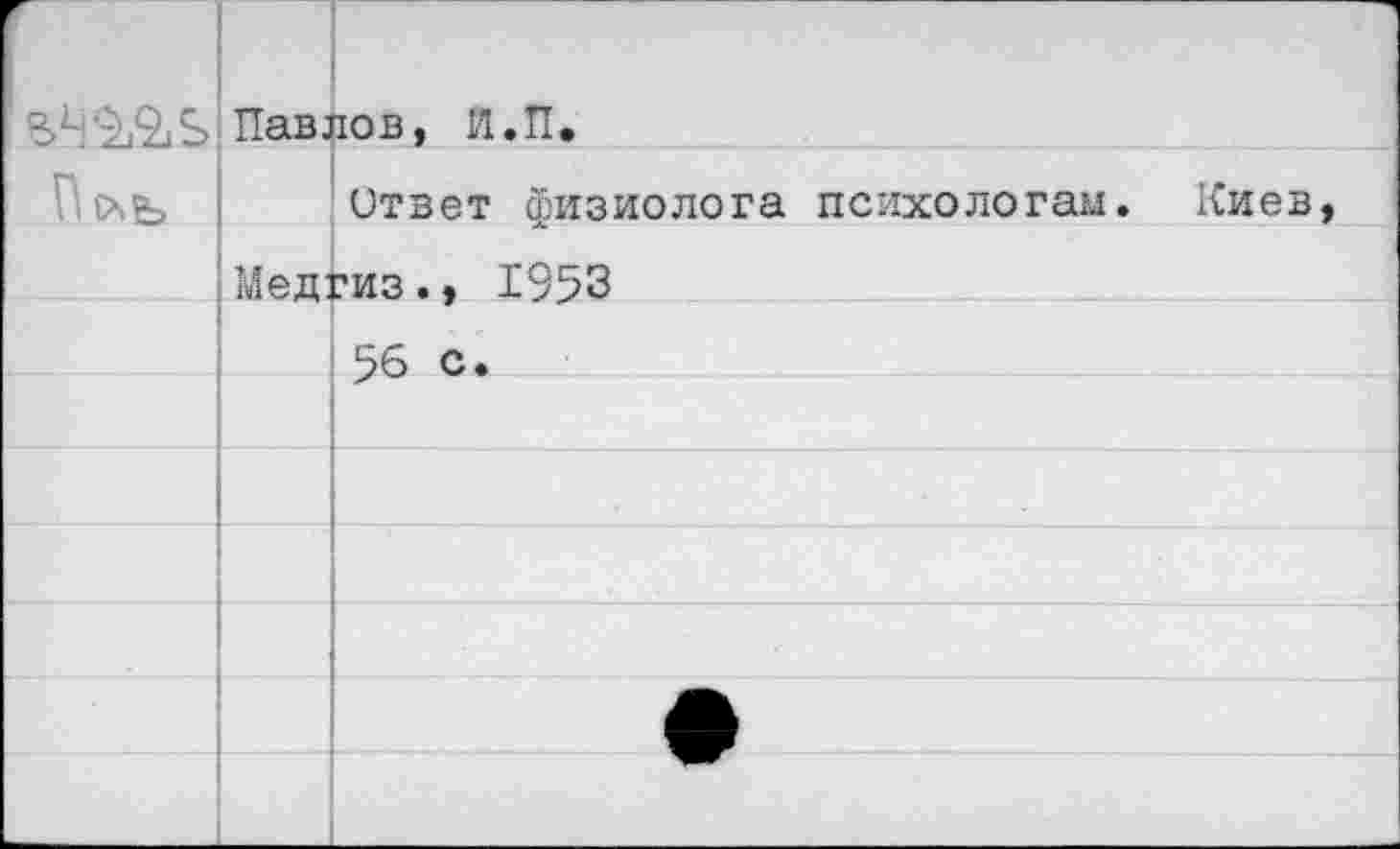 ﻿Ъ- Павлов, Н.П.
Ответ физиолога психологам. Медгиз., 1953
56 с.
Киев